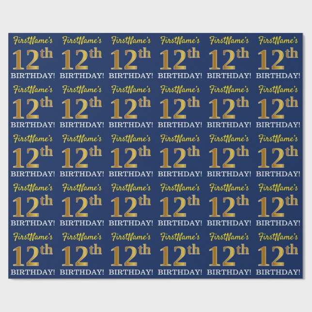 Papel De Regalo Blue, Imitation Gold Look "12th BIRTHDAY" (Superficie plana)
