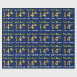 Papel De Regalo Blue, Imitation Gold Look "14th BIRTHDAY"