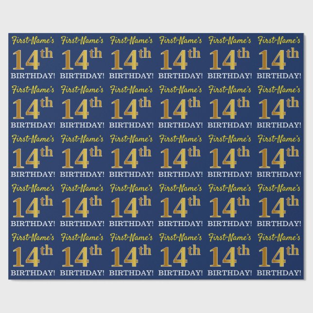 Papel De Regalo Blue, Imitation Gold Look "14th BIRTHDAY" (Superficie plana)