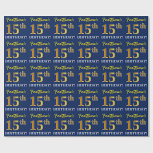 Papel De Regalo Blue, Imitation Gold Look "15th BIRTHDAY"