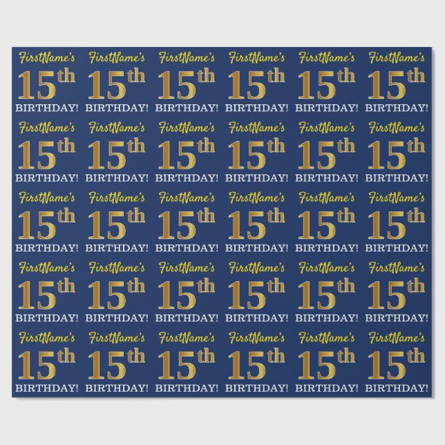 Papel De Regalo Blue, Imitation Gold Look "15th BIRTHDAY" (Superficie plana)