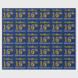 Papel De Regalo Blue, Imitation Gold Look "16th BIRTH"