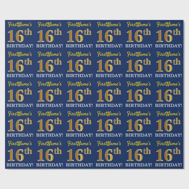 Papel De Regalo Blue, Imitation Gold Look "16th BIRTH" (Superficie plana)