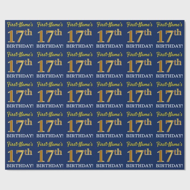 Papel De Regalo Blue, Imitation Gold Look "17th BIRTHDAY" (Superficie plana)