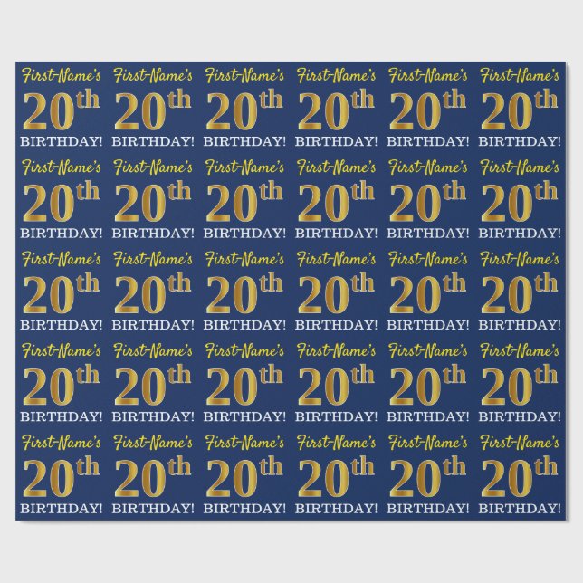Papel De Regalo Blue, Imitation Gold Look "20th BIRTHDAY" (Superficie plana)