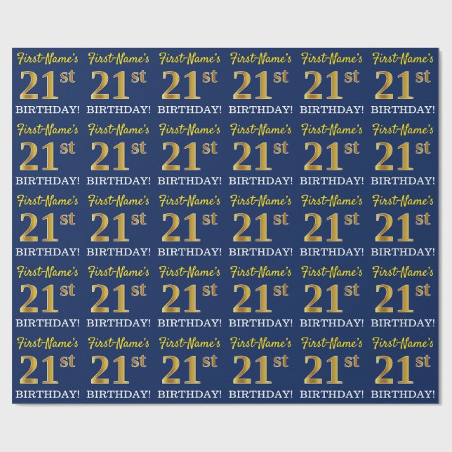 Papel De Regalo Blue, Imitation Gold Look "21st BIRTHDAY" (Superficie plana)