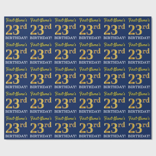 Papel De Regalo Blue, Imitation Gold Look "23rd BIRTHDAY" (Superficie plana)