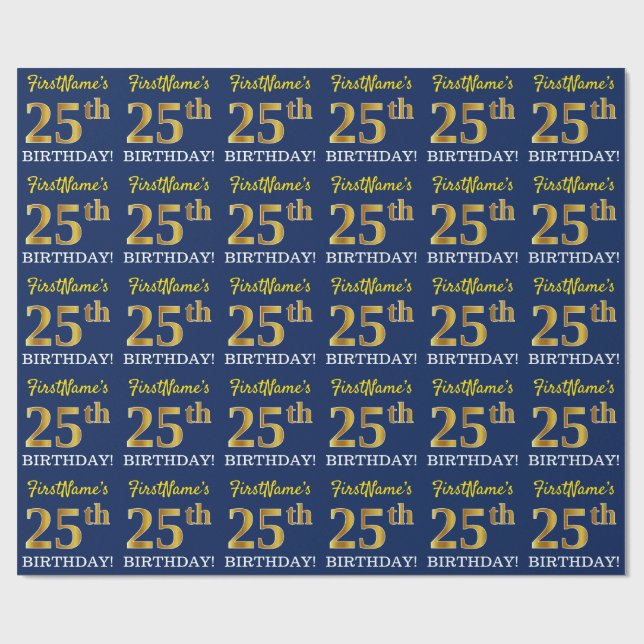 Papel De Regalo Blue, Imitation Gold Look "25th BIRTHDAY" (Superficie plana)