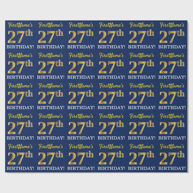 Papel De Regalo Blue, Imitation Gold Look "27th BIRTHDAY" (Superficie plana)
