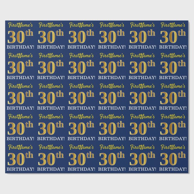 Papel De Regalo Blue, Imitation Gold Look "30th BIRTHDAY" (Superficie plana)