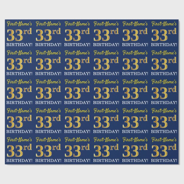 Papel De Regalo Blue, Imitation Gold Look "33rd BIRTHDAY" (Superficie plana)