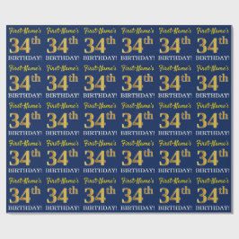 Papel De Regalo Blue, Imitation Gold Look "34th BIRTHDAY"