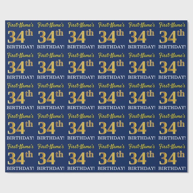 Papel De Regalo Blue, Imitation Gold Look "34th BIRTHDAY" (Superficie plana)