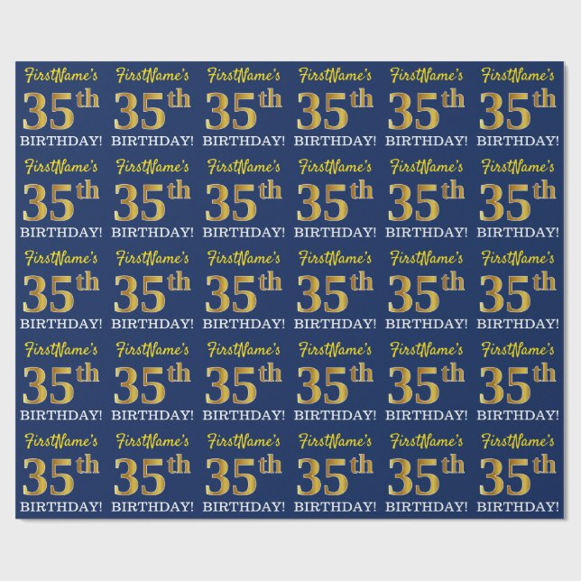 Papel De Regalo Blue, Imitation Gold Look "35th BIRTHDAY" (Superficie plana)