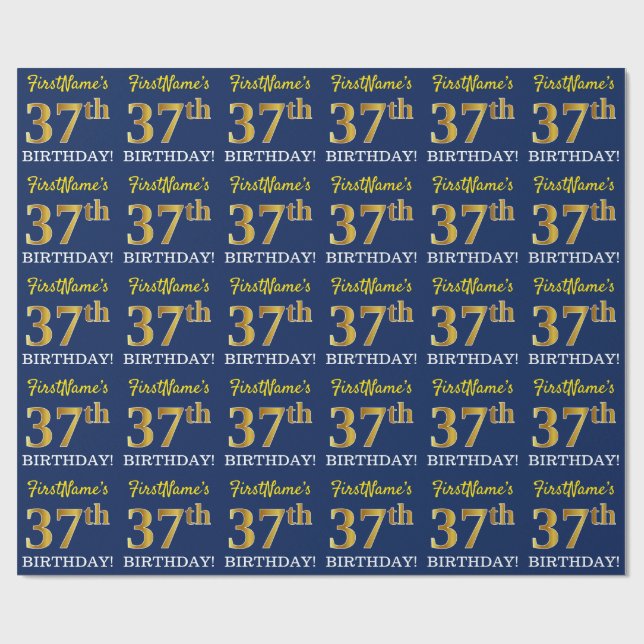 Papel De Regalo Blue, Imitation Gold Look "37th BIRTHDAY" (Superficie plana)