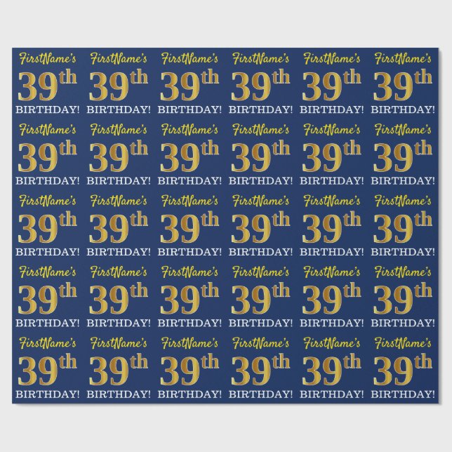 Papel De Regalo Blue, Imitation Gold Look "39th BIRTHDAY" (Superficie plana)