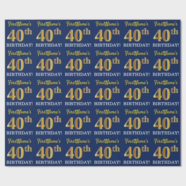 Papel De Regalo Blue, Imitation Gold Look "40th BIRTHDAY" (Superficie plana)