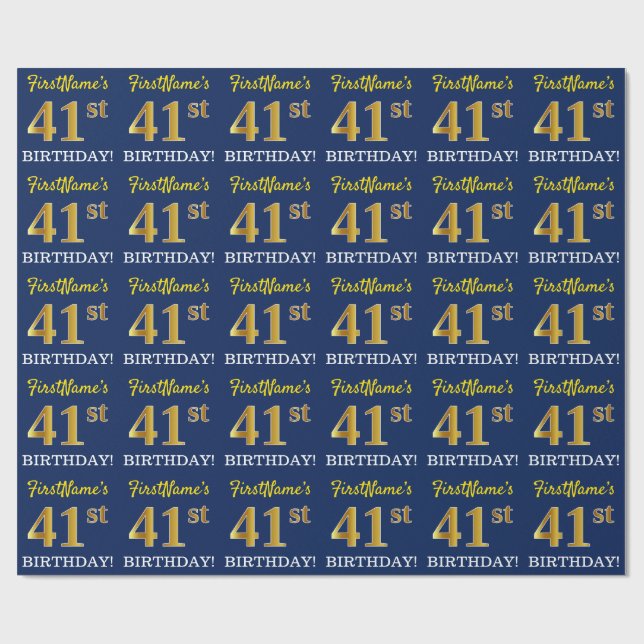 Papel De Regalo Blue, Imitation Gold Look "41st BIRTHDAY" (Superficie plana)