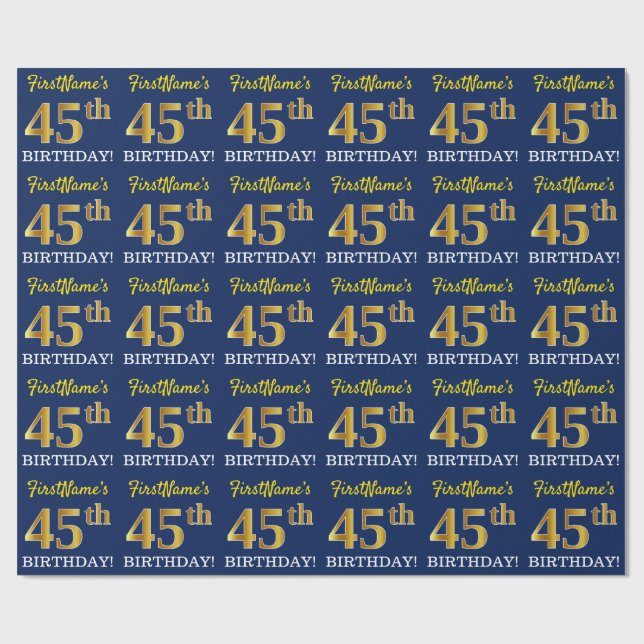 Papel De Regalo Blue, Imitation Gold Look "45th BIRTHDAY" (Superficie plana)