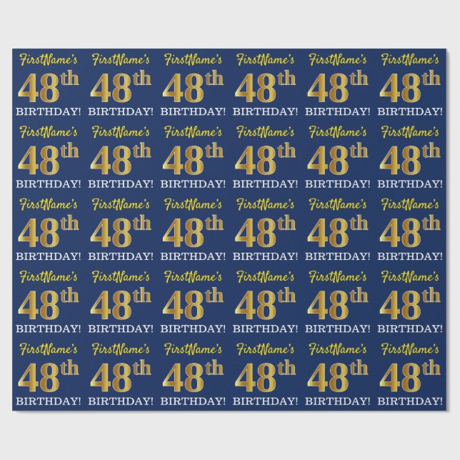 Papel De Regalo Blue, Imitation Gold Look "48th BIRTHDAY" (Superficie plana)