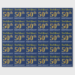Papel De Regalo Blue, Imitation Gold Look "50th BIRTHDAY"