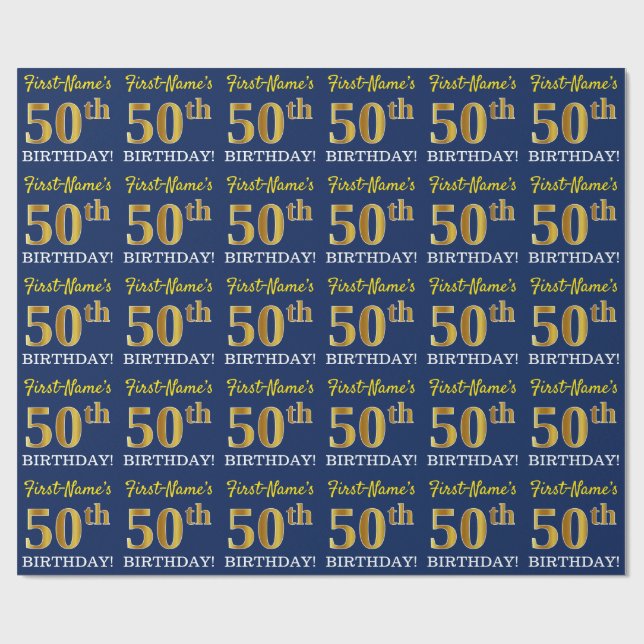 Papel De Regalo Blue, Imitation Gold Look "50th BIRTHDAY" (Superficie plana)