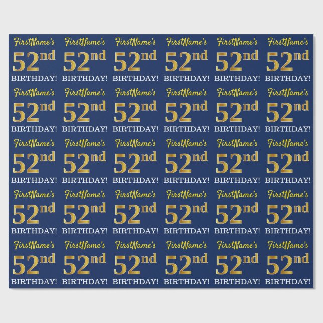 Papel De Regalo Blue, Imitation Gold Look "52nd BIRTHDAY" (Superficie plana)