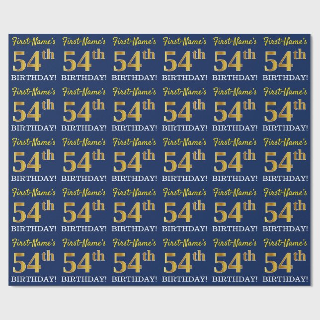 Papel De Regalo Blue, Imitation Gold Look "54th BIRTHDAY" (Superficie plana)