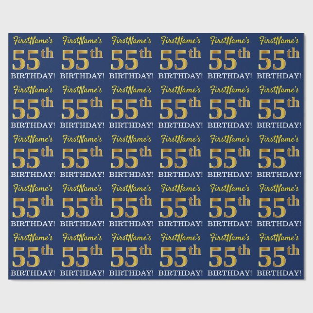 Papel De Regalo Blue, Imitation Gold Look "55th BIRTHDAY" (Superficie plana)