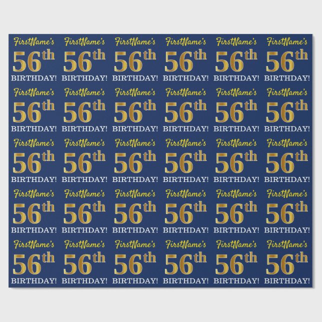 Papel De Regalo Blue, Imitation Gold Look "56th BIRTHDAY" (Superficie plana)