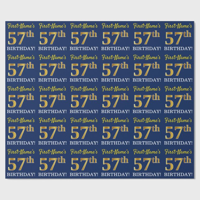 Papel De Regalo Blue, Imitation Gold Look "57th BIRTHDAY" (Superficie plana)