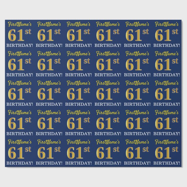 Papel De Regalo Blue, Imitation Gold Look "61st BIRTHDAY" (Superficie plana)