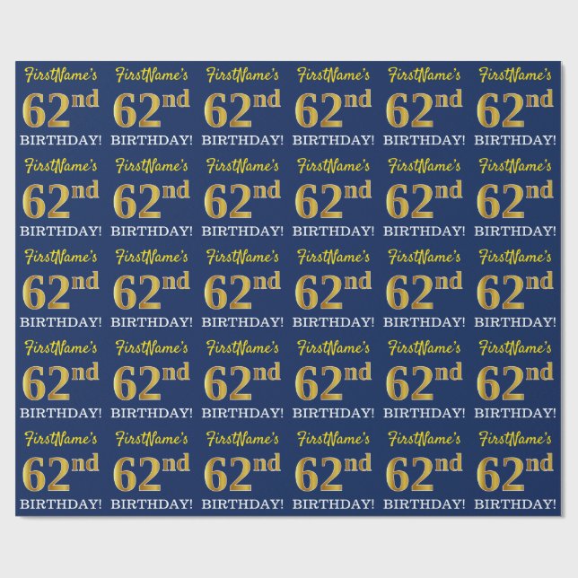 Papel De Regalo Blue, Imitation Gold Look "62nd BIRTHDAY" (Superficie plana)