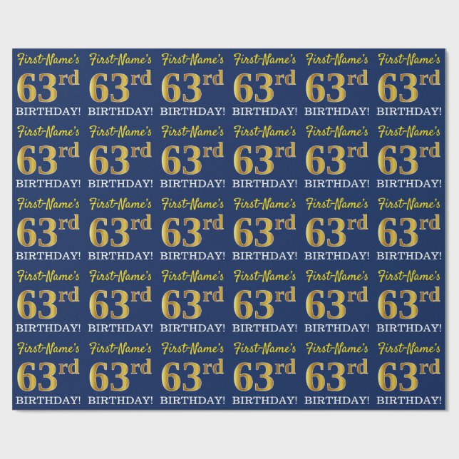 Papel De Regalo Blue, Imitation Gold Look "63rd BIRTHDAY" (Superficie plana)