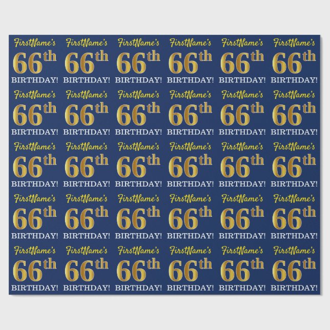 Papel De Regalo Blue, Imitation Gold Look "66th BIRTHDAY" (Superficie plana)