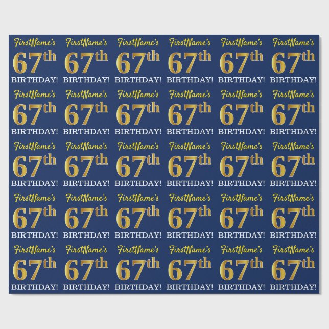 Papel De Regalo Blue, Imitation Gold Look "67th BIRTHDAY" (Superficie plana)