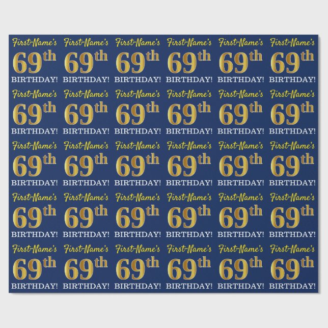 Papel De Regalo Blue, Imitation Gold Look "69th BIRTHDAY" (Superficie plana)