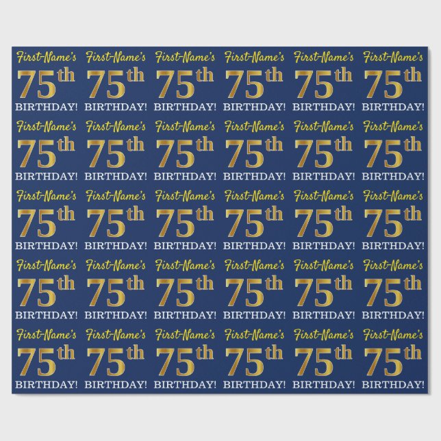 Papel De Regalo Blue, Imitation Gold Look "75th BIRTHDAY" (Superficie plana)