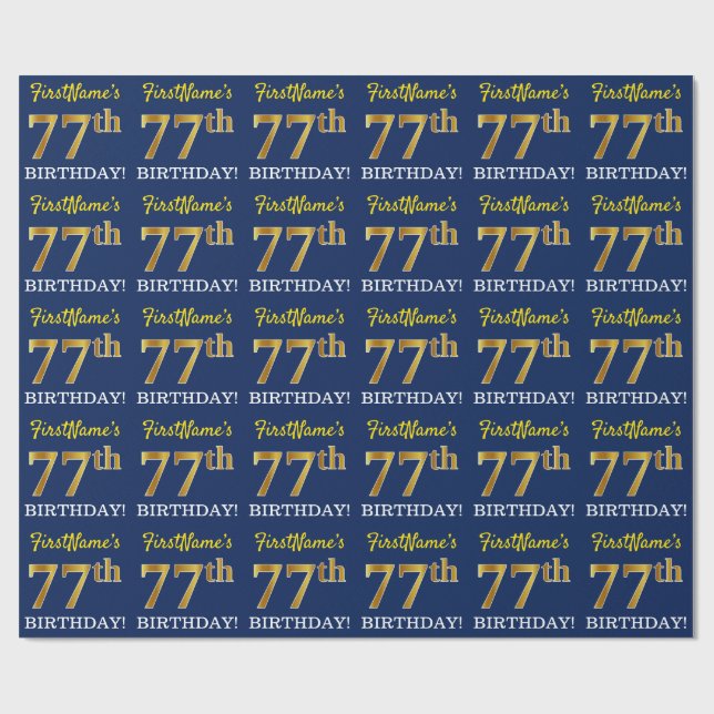 Papel De Regalo Blue, Imitation Gold Look "77th BIRTHDAY" (Superficie plana)