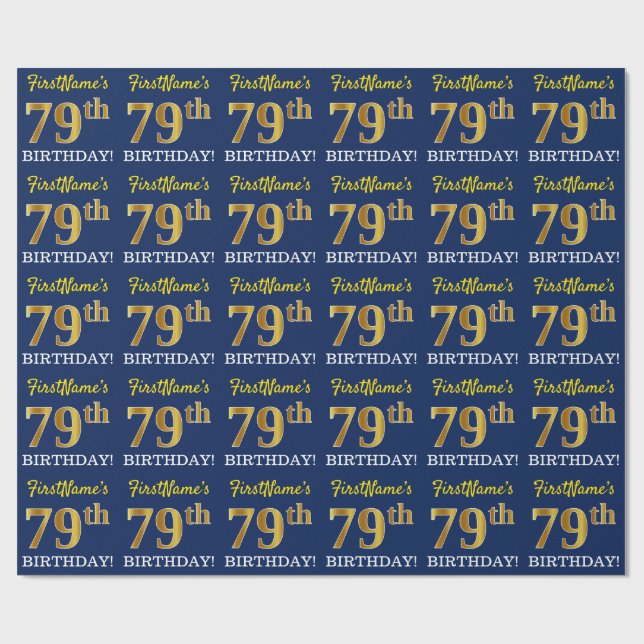 Papel De Regalo Blue, Imitation Gold Look "79th BIRTHDAY" (Superficie plana)
