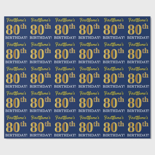 Papel De Regalo Blue, Imitation Gold Look "80th BIRTHDAY" (Superficie plana)