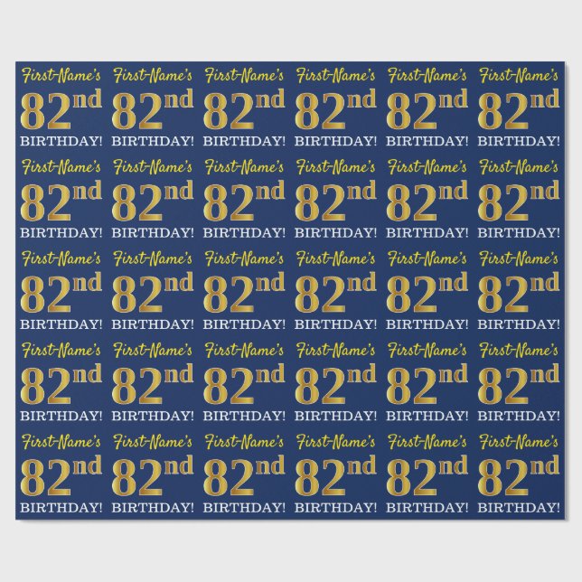 Papel De Regalo Blue, Imitation Gold Look "82nd BIRTHDAY" (Superficie plana)