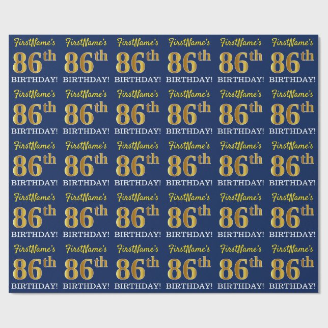 Papel De Regalo Blue, Imitation Gold Look "86th BIRTHDAY" (Superficie plana)