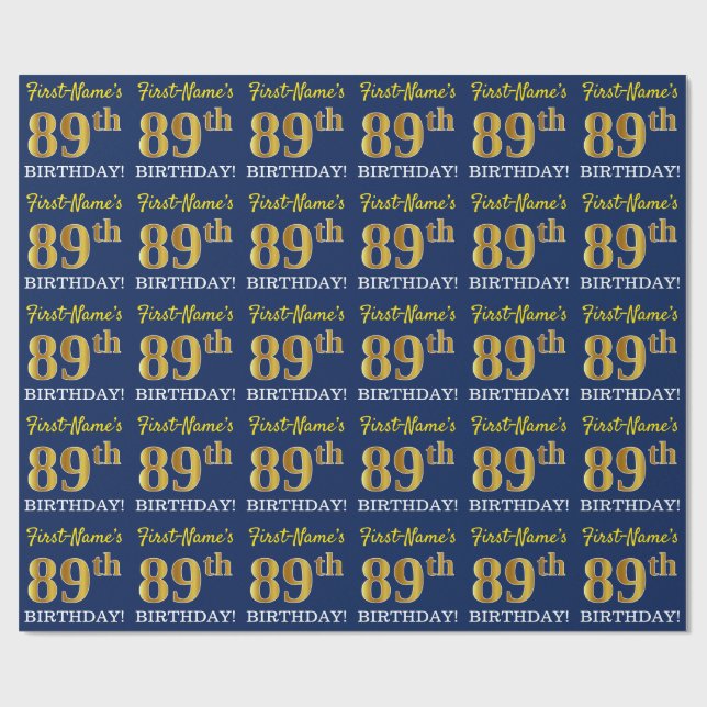 Papel De Regalo Blue, Imitation Gold Look "89th BIRTHDAY" (Superficie plana)