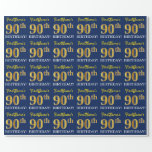 Papel De Regalo Blue, Imitation Gold Look "90th BIRTHDAY"<br><div class="desc">Este diseño de papel envolvente incluye un mensaje como "¡El cumpleaños número 90 de FirstName!", mientras que el "90" tiene un aspecto de color falso/imitación dorado. El nombre se puede personalizar y el fondo es azul. Tal vez podría usarse cuando se envuelven regalos para el cumpleaños número noventa de alguien....</div>