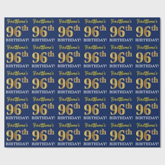 Papel De Regalo Blue, Imitation Gold Look "96th BIRTHDAY" (Superficie plana)