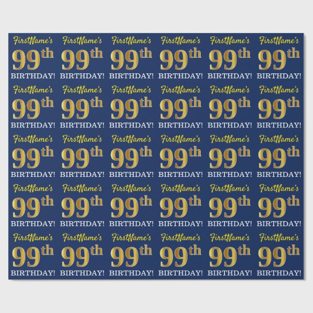 Papel De Regalo Blue, Imitation Gold Look "99th BIRTHDAY" (Superficie plana)