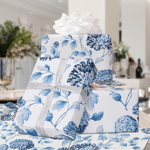 Papel De Regalo Blue Lady Moderno Vintage Gran Floral Toile Blanco