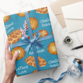 Papel De Regalo Blue Latkes and Challah Bread Hanukkah Pattern