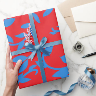 Papel De Regalo Blue Leaves Vines Red Botanical